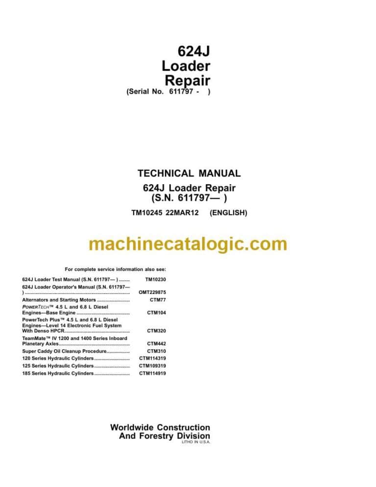 John Deere 624J Loader Repair Technical Manual (TM10245)