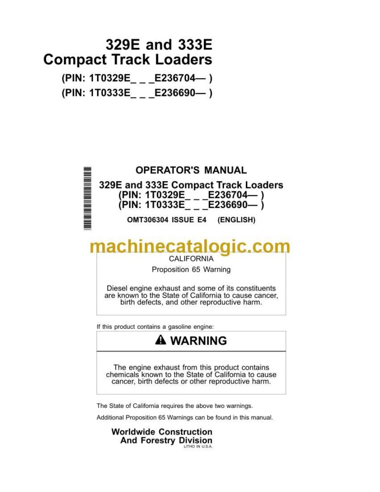 John Deere 329E and 333E Compact Track Loaders Operator Manual (OMT306304)