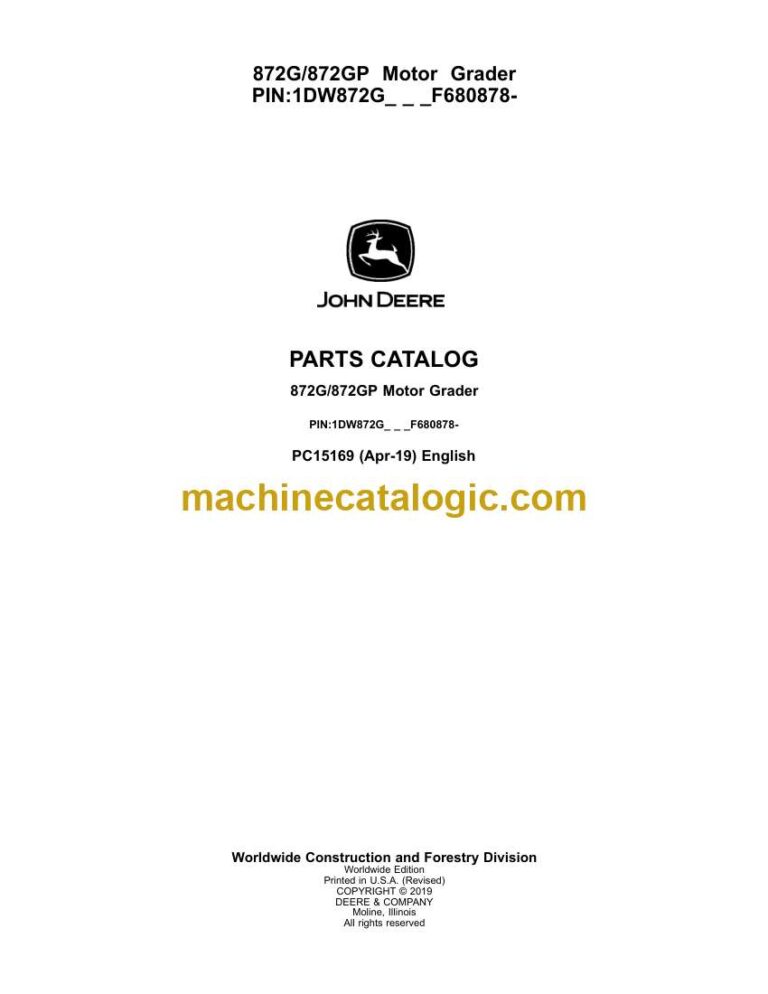 John Deere 872G, 872GP Motor Grader Parts Catalog (PC15169)