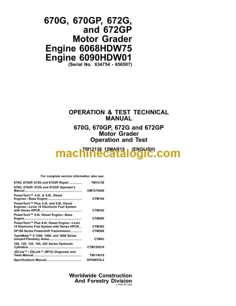 John Deere 670G, 670GP, 672G, and 672GP Motor Grader Operation and Test Technical Manual (TM1425John Deere 670G, 670GP, 672G, and 672GP Motor Grader Operation and Test Technical Manual (TM14252X19)2X19)