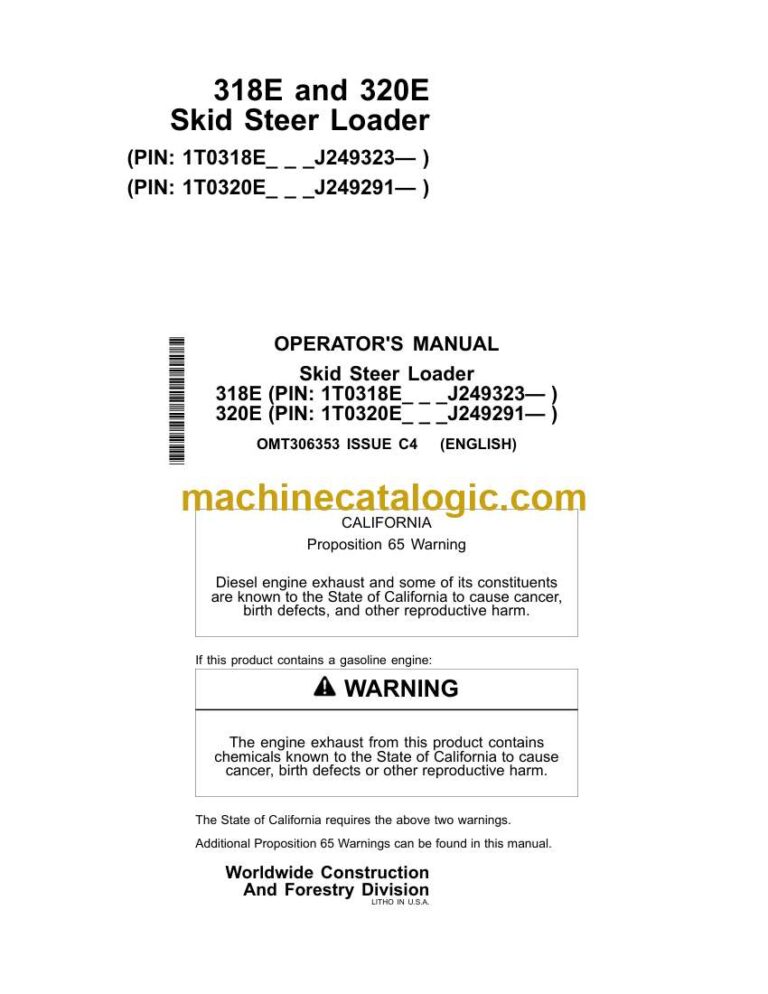 John Deere 318E and 320E Skid Steer Loader Operator Manual (OMT306353)