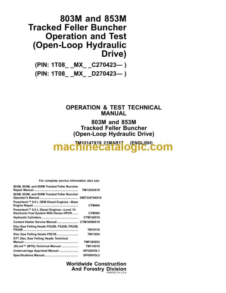 John Deere 803M and 853M Tracked Feller Buncher Operation and Test Technical Manual (TM13147X19)