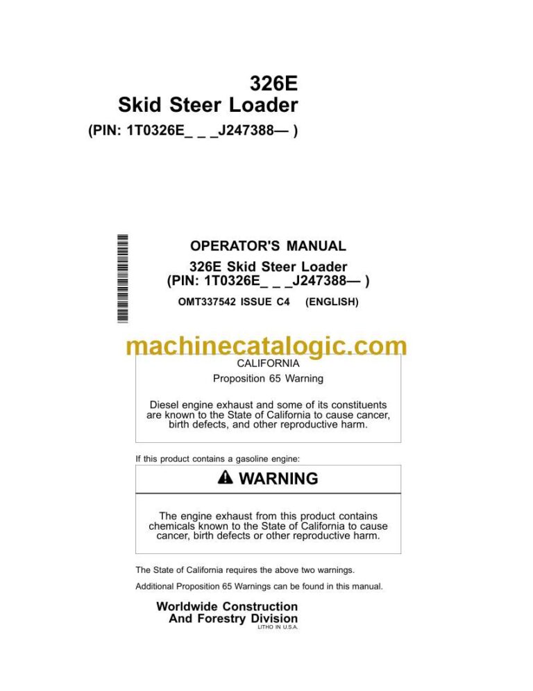 John Deere 326E Skid Steer Loader Operator Manual (OMT337542)