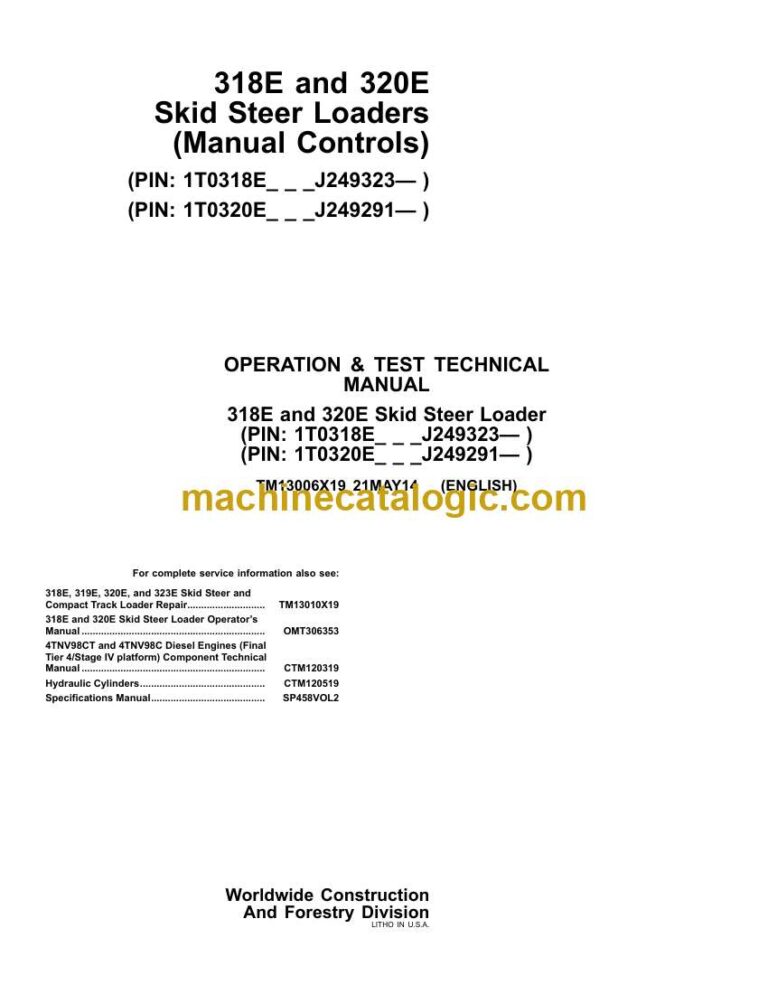 John Deere 318E and 320E Skid Steer Loaders Operation and Test Technical Manual (TM13006X19)