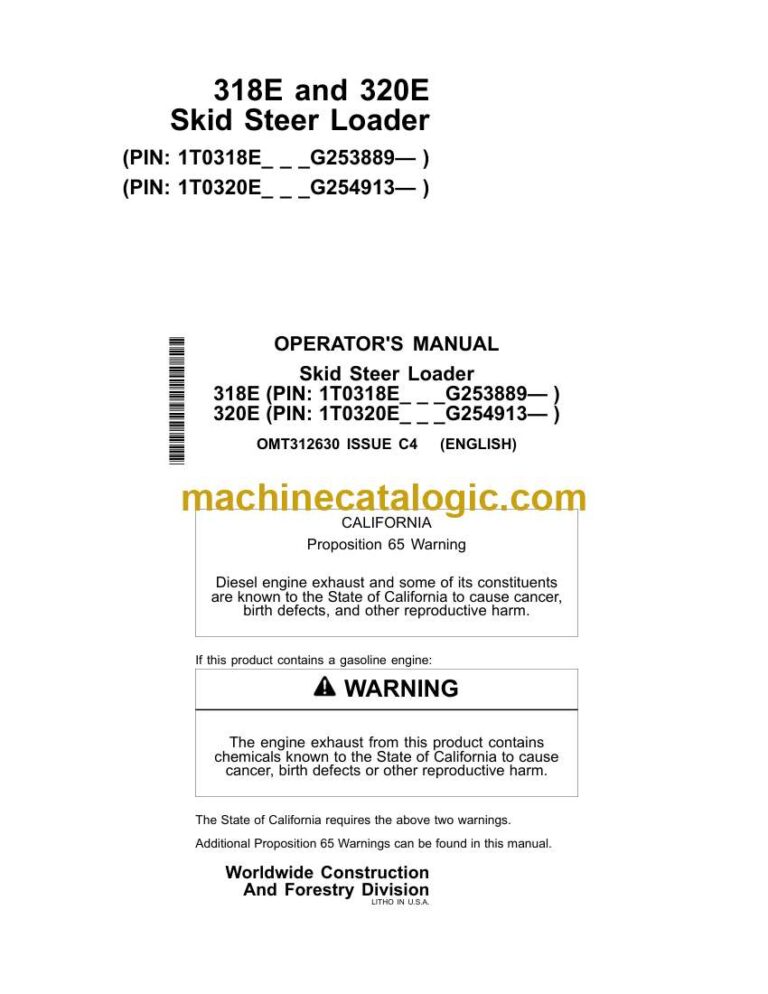John Deere 318E and 320E Skid Steer Loader Operator Manual (OMT312630)