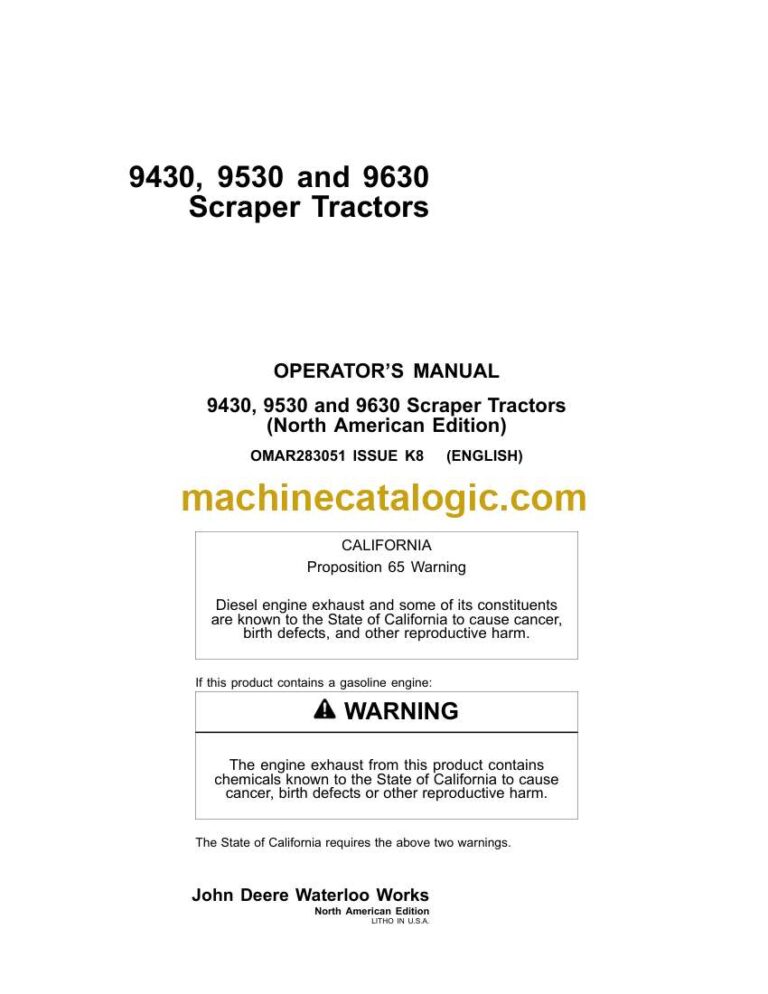John Deere 9430, 9530 and 9630 Scraper Tractors Operators Manual (OMAR283051)