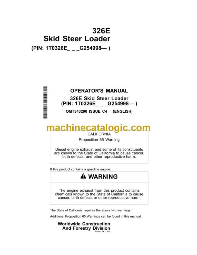 John Deere 326E Skid Steer Loader Operator Manual (OMT343290)