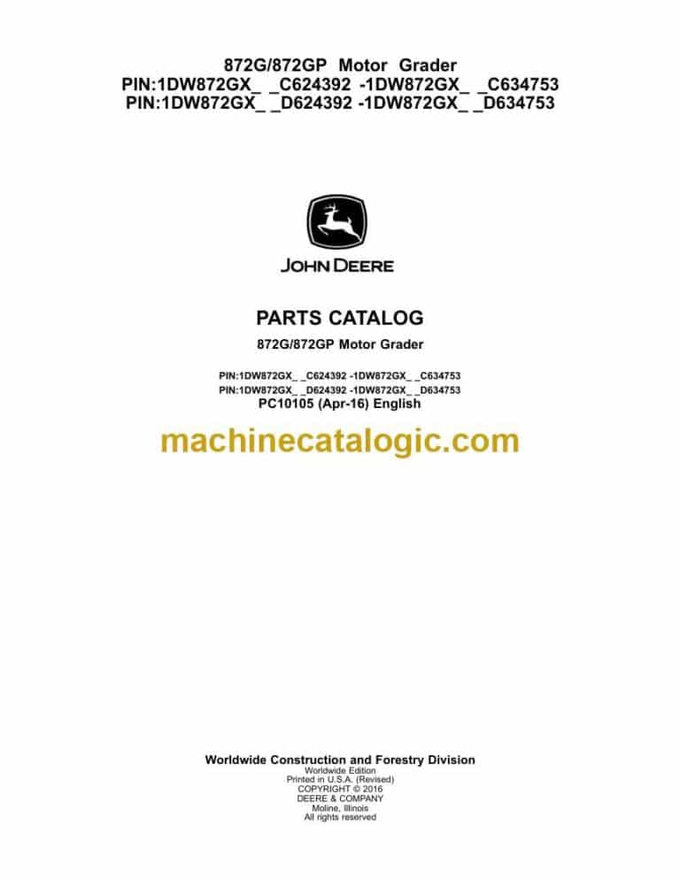 John Deere 872G, 872GP Motor Grader Parts Catalog (PC10105)