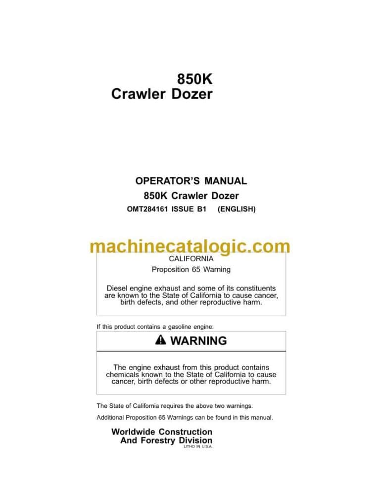 John Deere 850K Crawler Dozer Operators Manual (OMT284161)