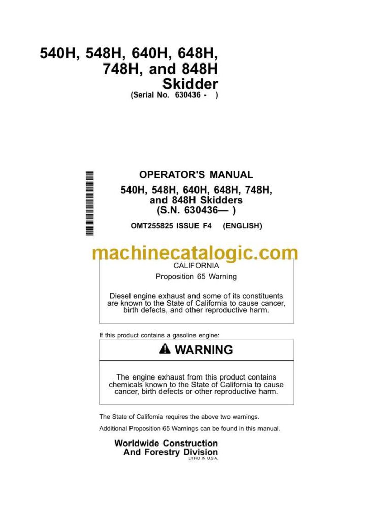 John Deere 540H, 548H, 640H, 648H, 748H, 848H Skidder Operators Manual (OMT255825)
