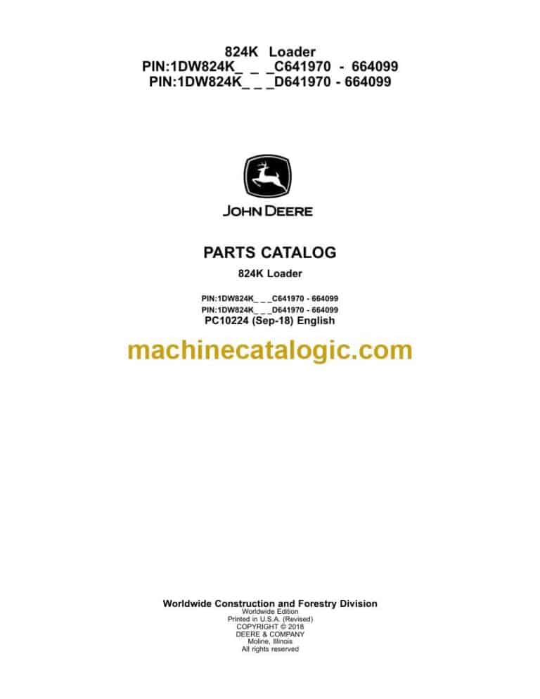 John Deere 824K Loader Parts Catalog (PC10224)