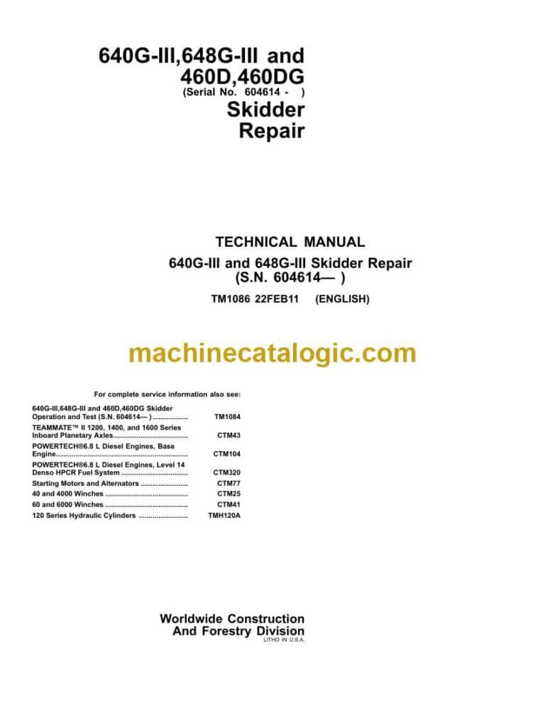 John Deere 640G-3, 648G-3, 460D, 460DG Skidder Repair Technical Manual (TM1086)