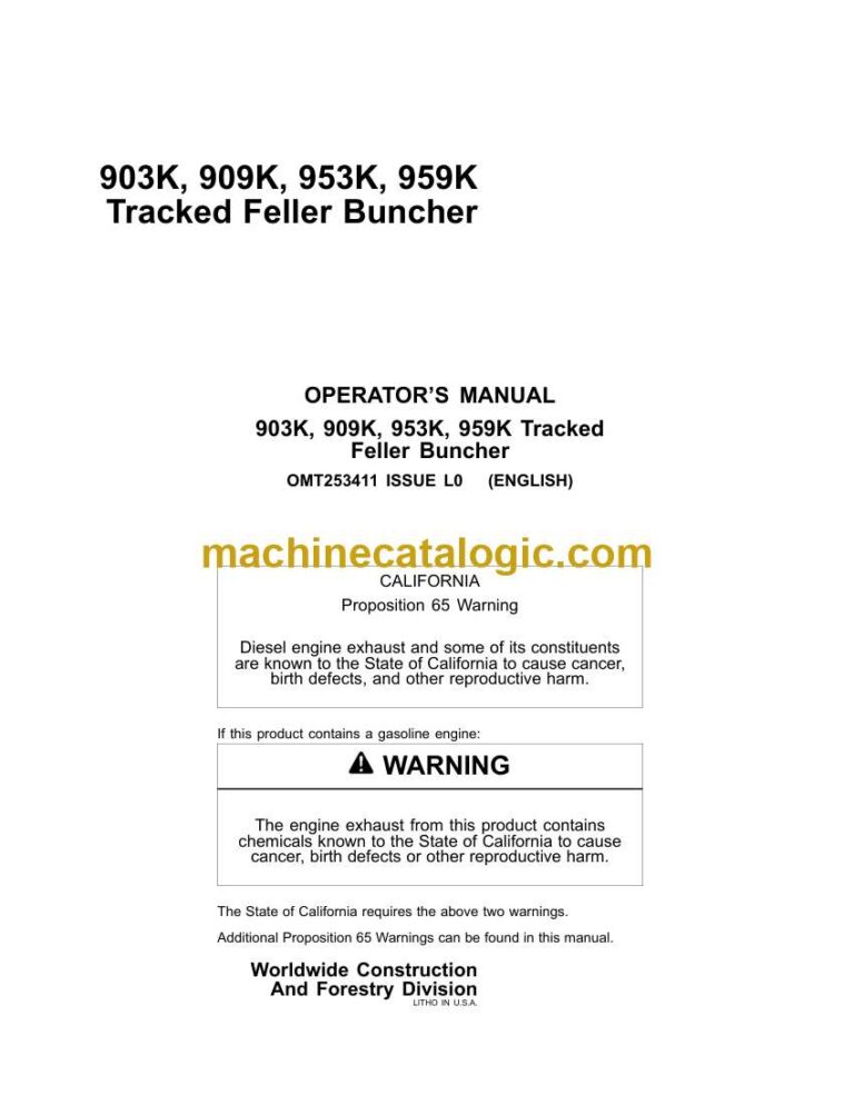 John Deere 903K, 909K, 953K, 959K Tracked Feller Buncher Operators Manual (OMT253406)