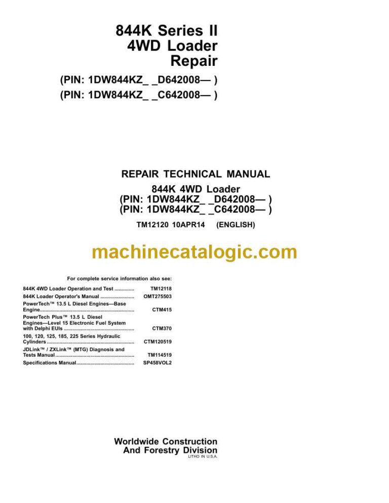 John Deere 844K Series 2, 4WD Loader Repair Technical Manual (TM12120)