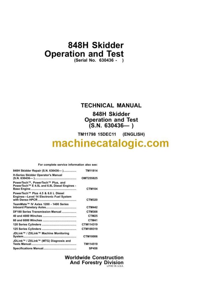 John Deere 848H Skidder Operation and Test Technical Manual (TM11798)