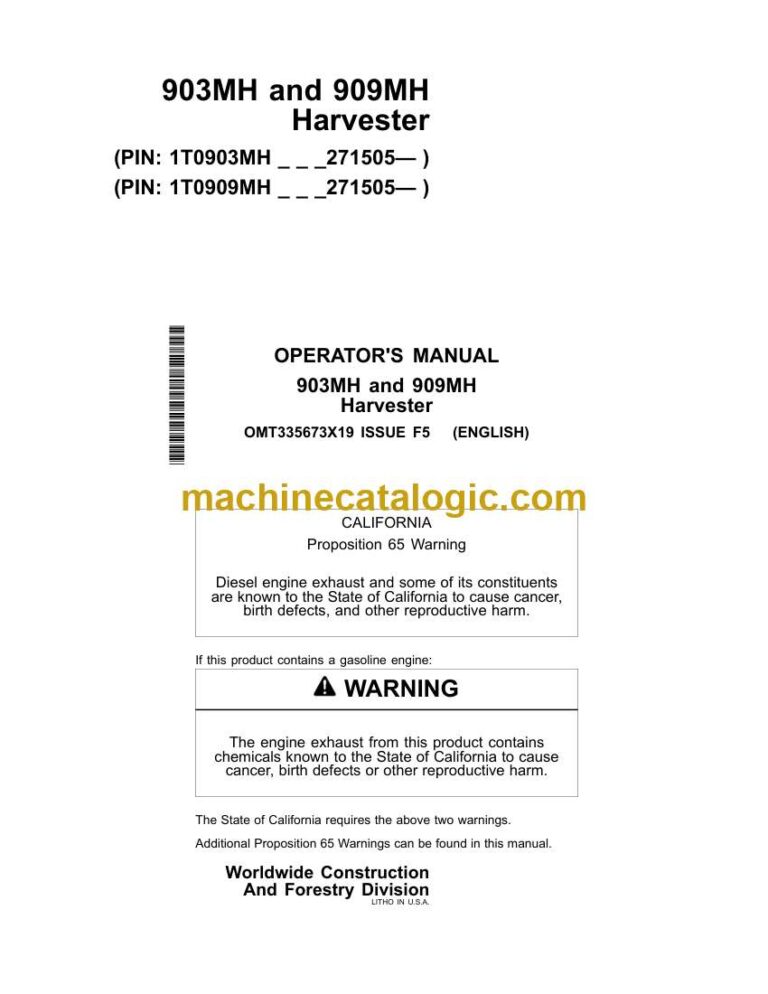John Deere 903MH and 909MH Harvester Operator Manual (OMT335673X19)
