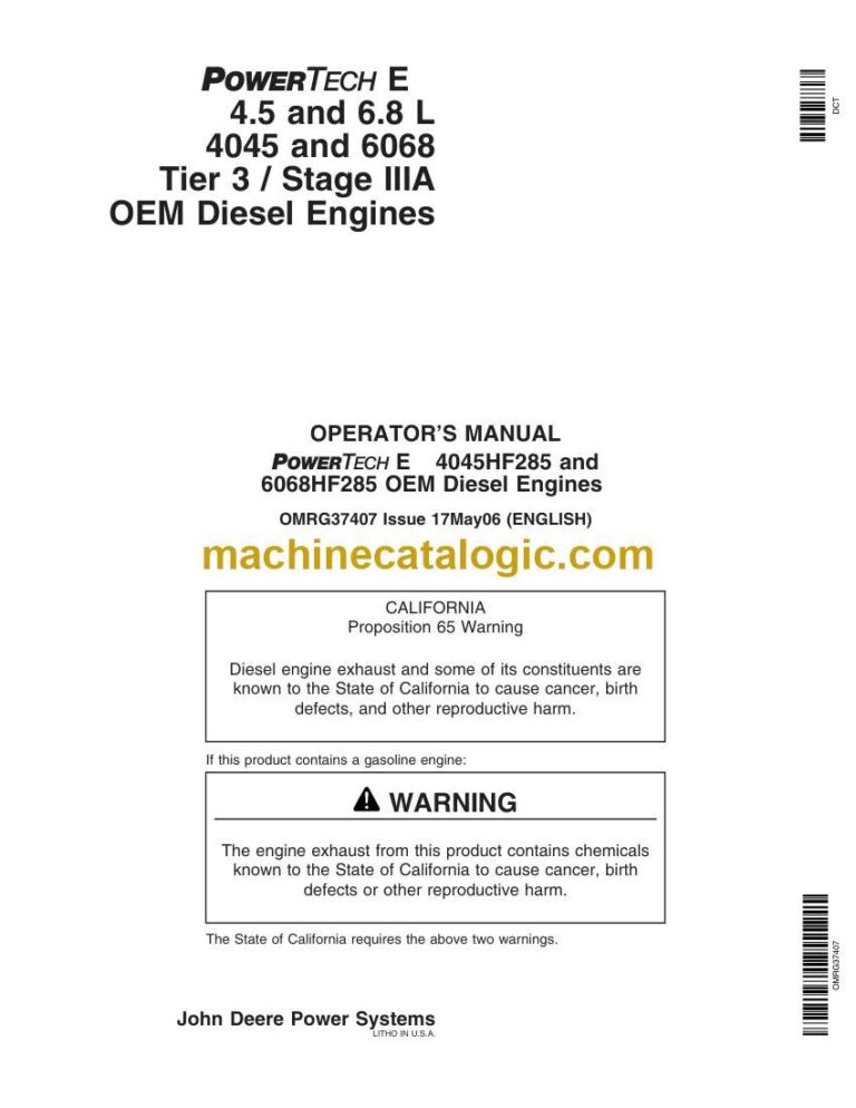 John Deere POWERTECH E 4.5 and 6.8 L 4045 and 6068 Tier 3, Stage 3A OEM Diesel Engines Operator Manual (OMRG37407)