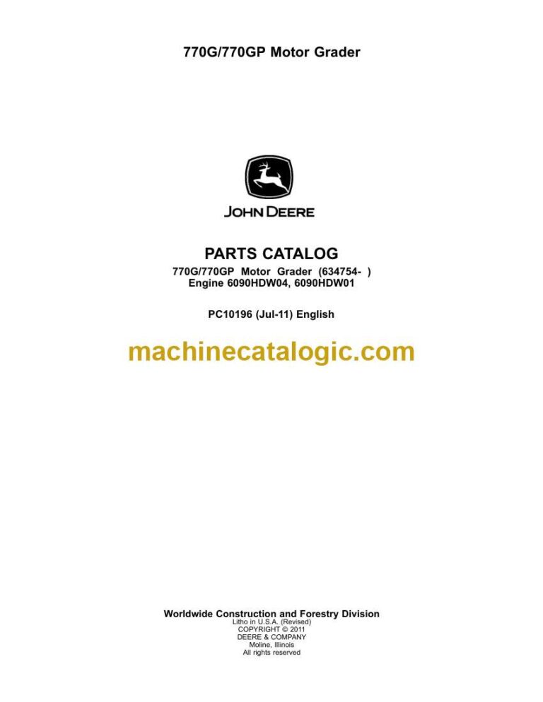 John Deere 770G, 770GP Motor Grader Parts Catalog (PC11276)
