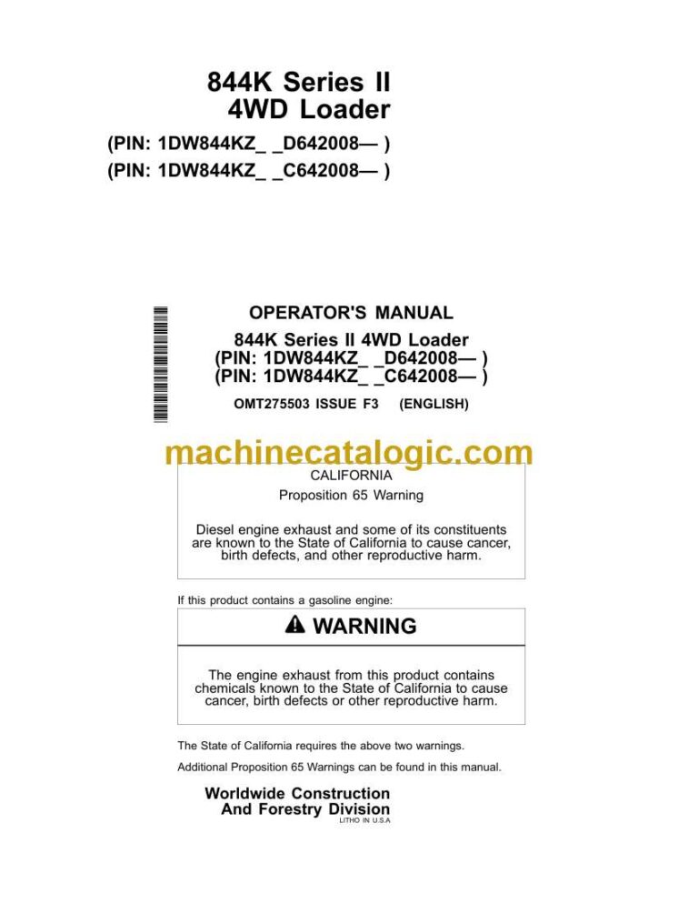 John Deere 844K Series 2, 4WD Loader Operator Manual (OMT275503)