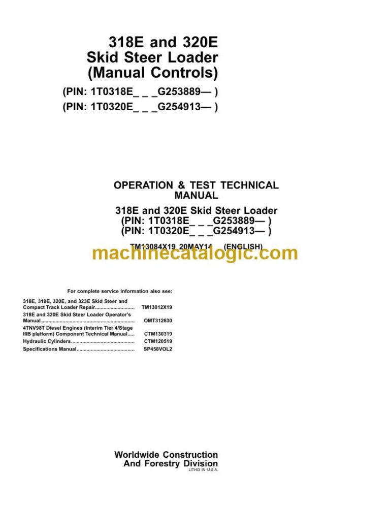 John Deere 318E and 320E Skid Steer Loader Operation and Test Technical Manual (TM13084X19)