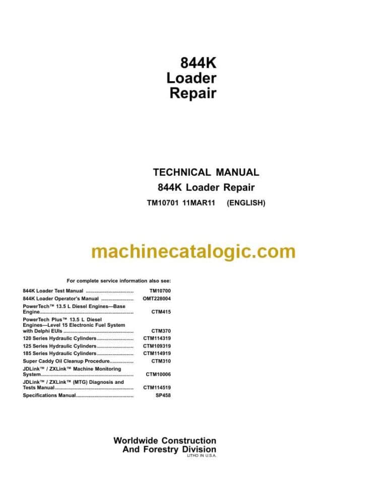 John Deere 844K Loader Repair Technical Manual (TM10701)