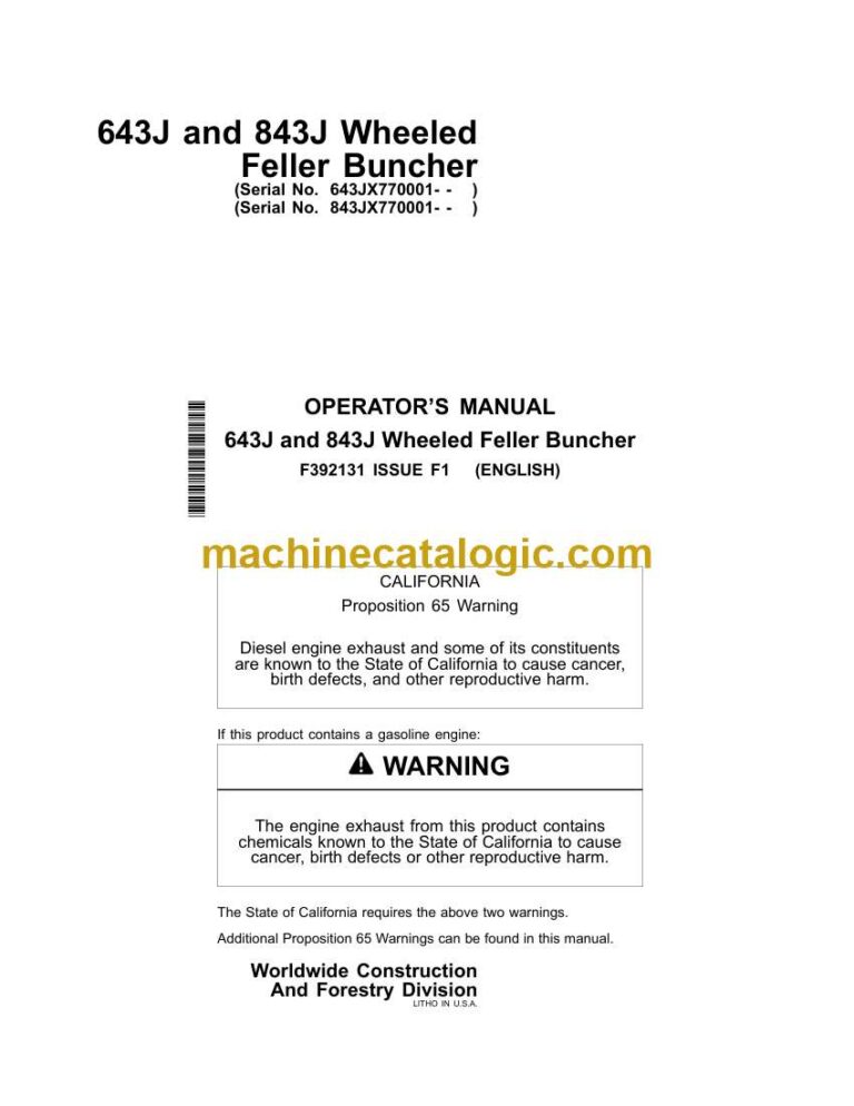 John Deere 643J and 843J Wheeled Feller Buncher Operator Manual (F392131)