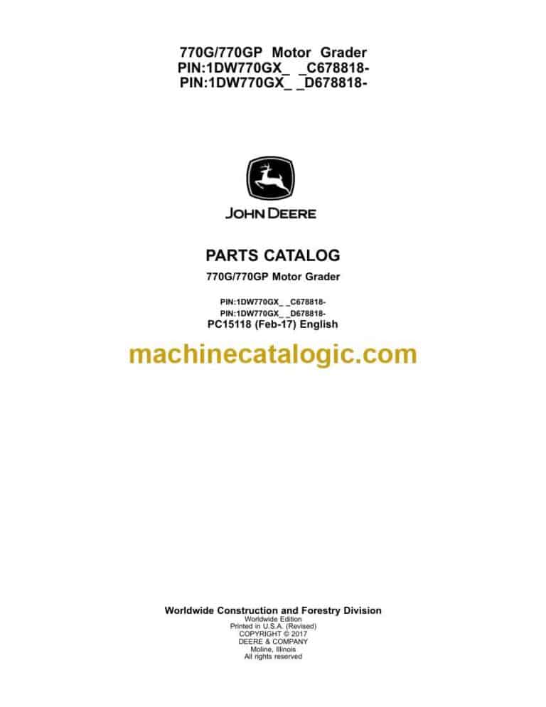 John Deere 770G, 770GP Motor Grader Parts Catalog (PC15118)