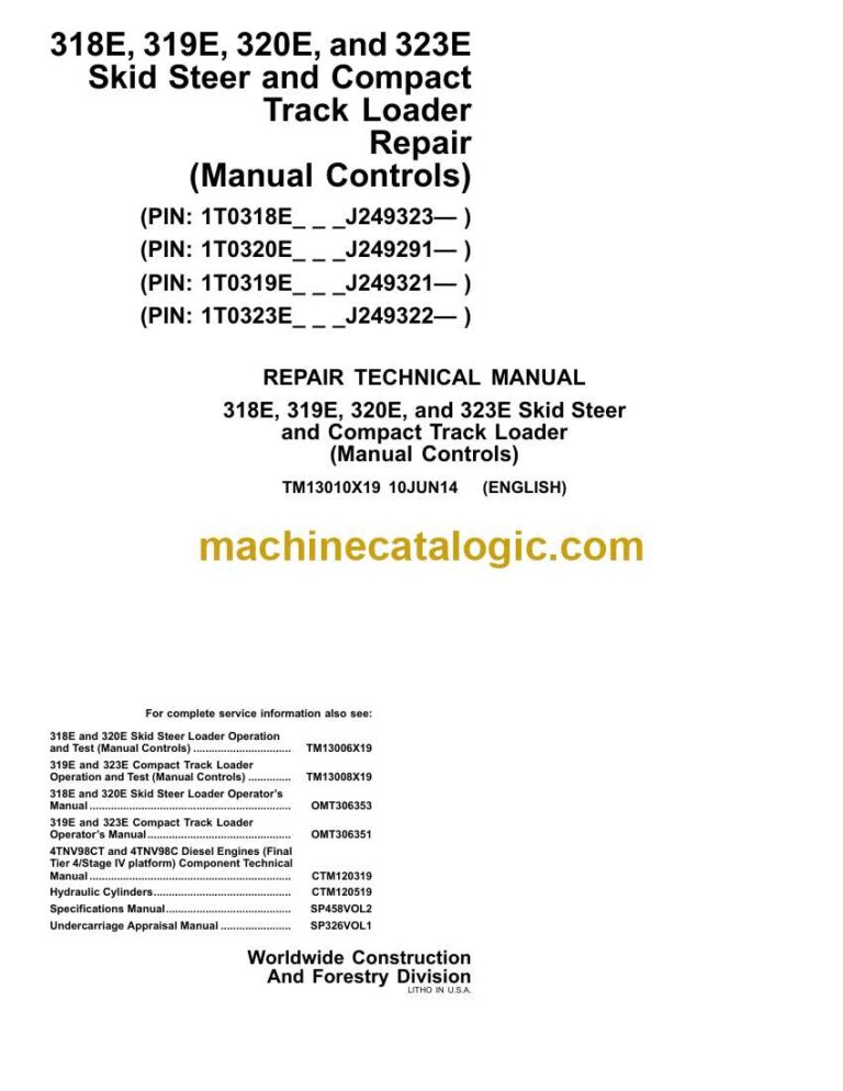 John Deere 318E, 319E, 320E, and 323E Skid Steer and Compact Track Loader Repair Technical Manual (TM13010X19)