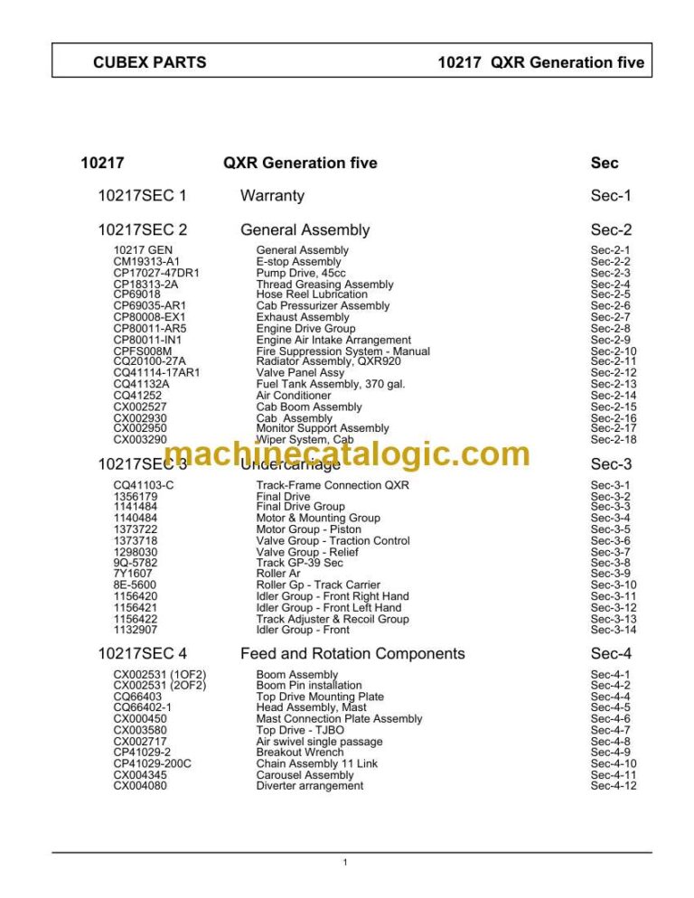 Cubex CUBX 10217-1 QXR Generation Five Parts Manual