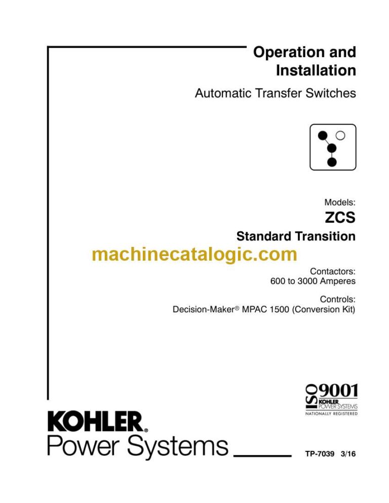 Kohler ZCS Standard Transition Automatic Transfer Switches Operation and Installation Manual (tp7039)