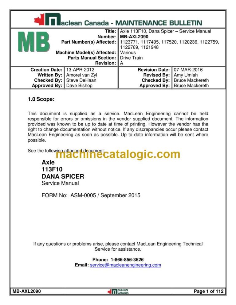 MacLean Engineering LR3-002 Mining Division Maintenance Manual