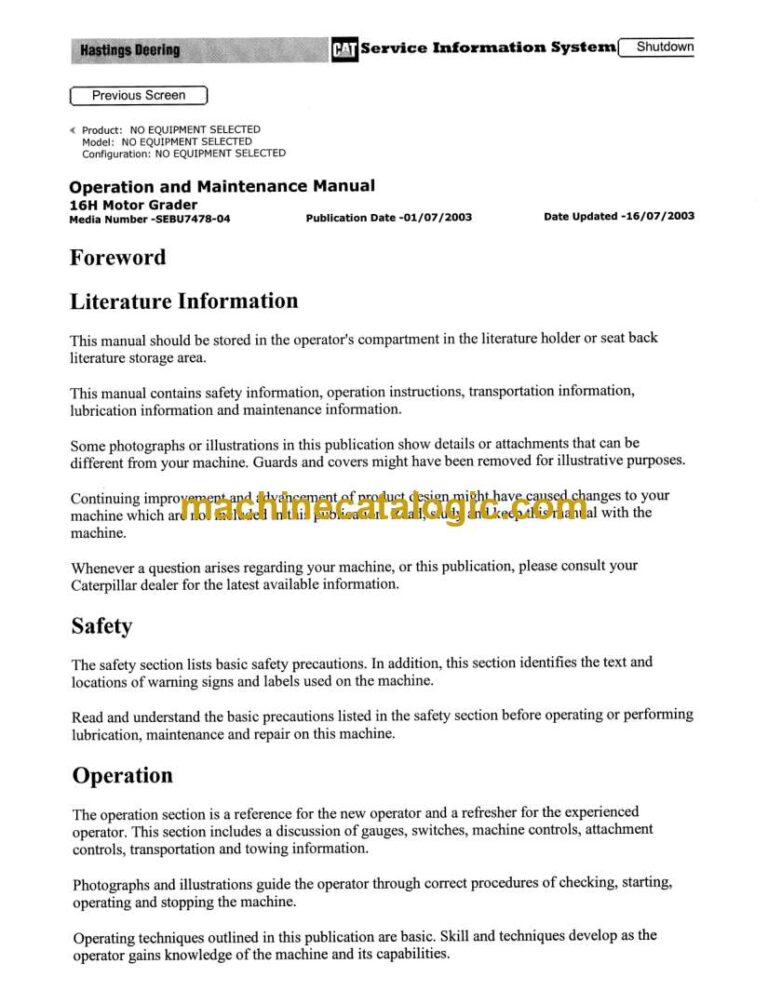 Cat 16H Motor Grader Operation and Maintenance Manual (SEBU7478-04)
