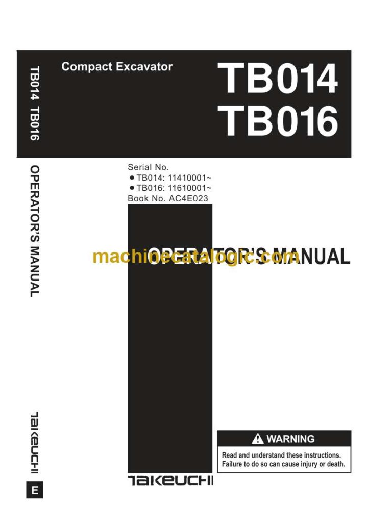Takeuchi TB014, TB016 Crawler Excavator Operators Manual (AC4E023)