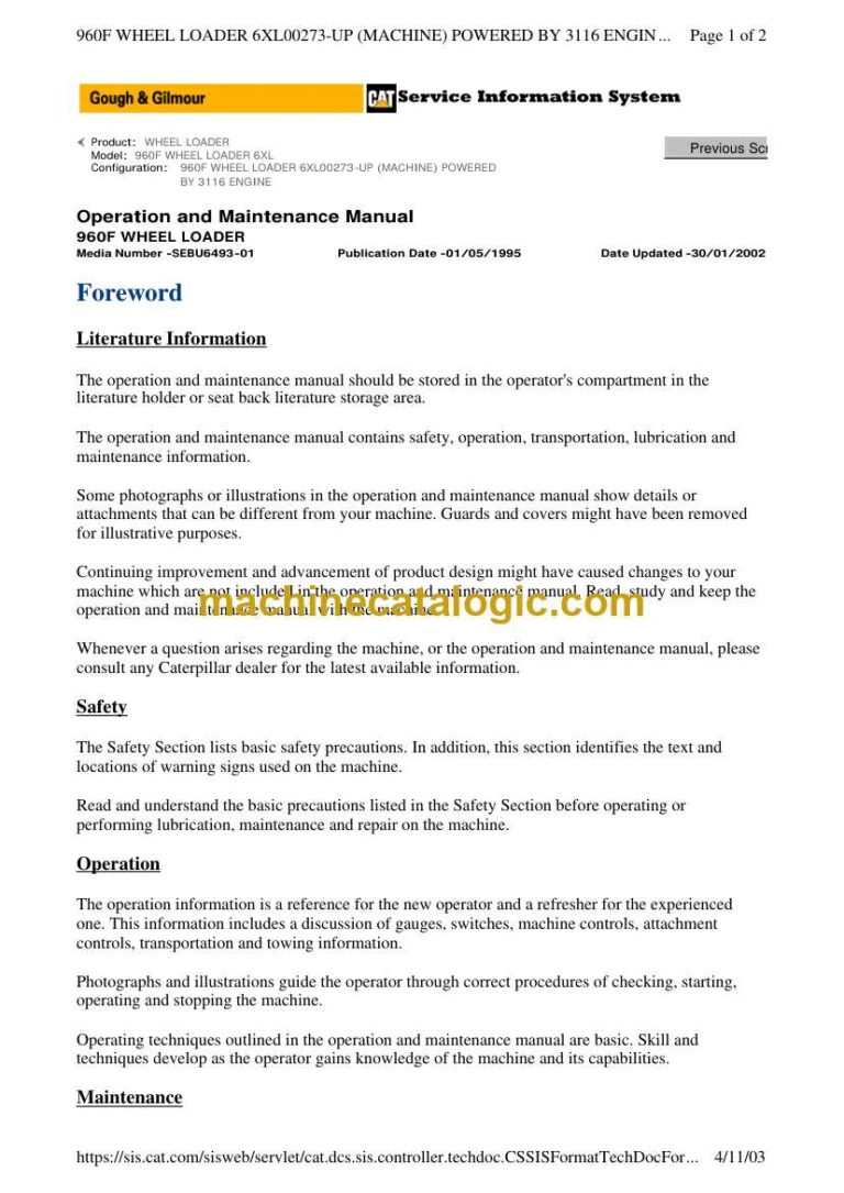 Cat SWL960F 6XL Wheel Loader Operation and Maintenance Manual