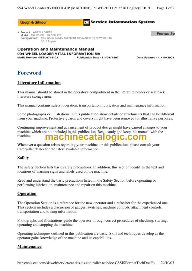 Cat 994-LR01 Wheel Loader Operation and Maintenance Manual (9YF210)