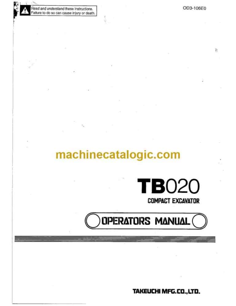 Takeuchi TB020 Compact Excavator Operators Manual (OD3-106E0)