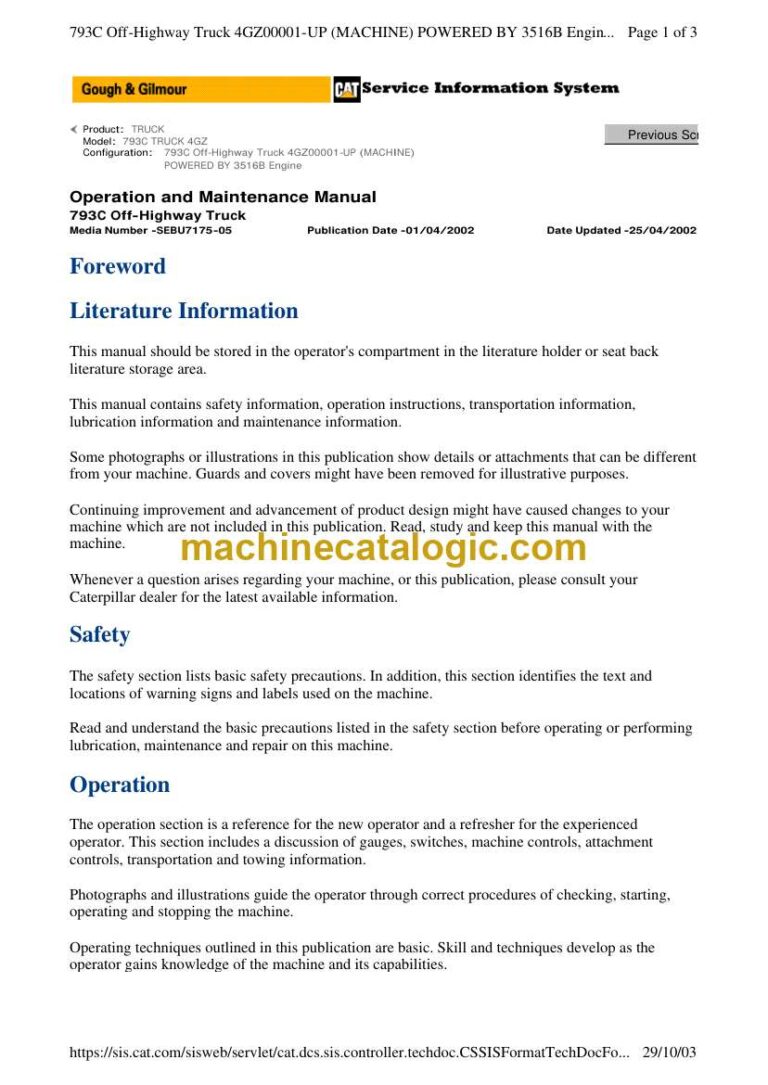 Cat DT793C Off-Highway Truck Operation and Maintenance Manual (DT11-16 4GZ)