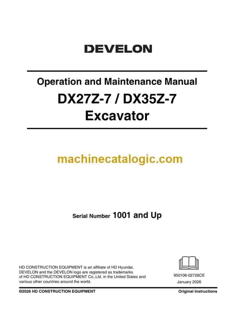 Develon DX35Z-7 Mini Excavator Operation and Maintenance Manual (950106-02726CE)