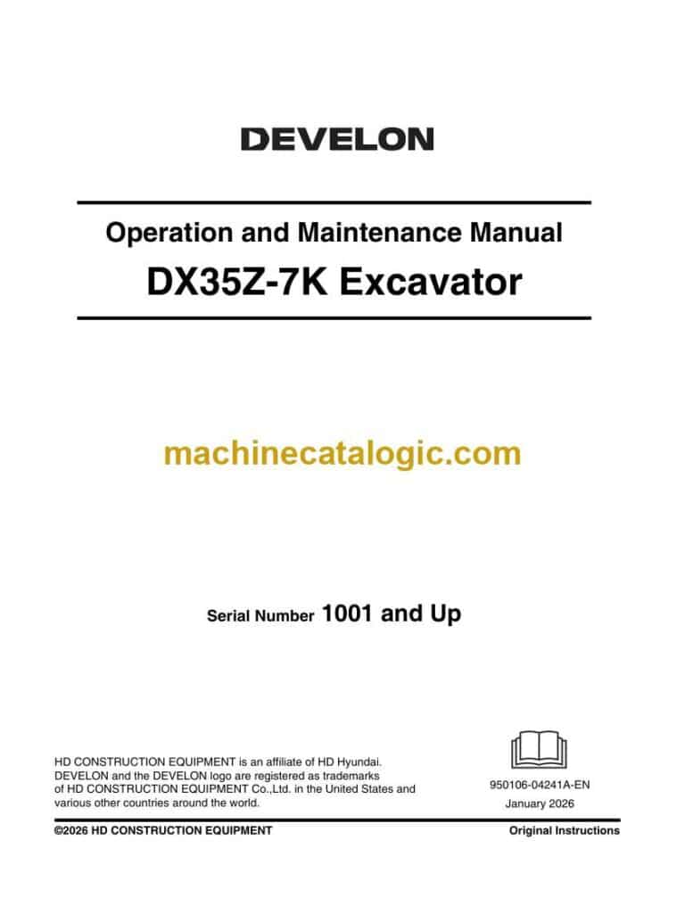 Develon DX35Z-7K Mini Excavator Operation and Maintenance Manual (950106-04241A-EN)