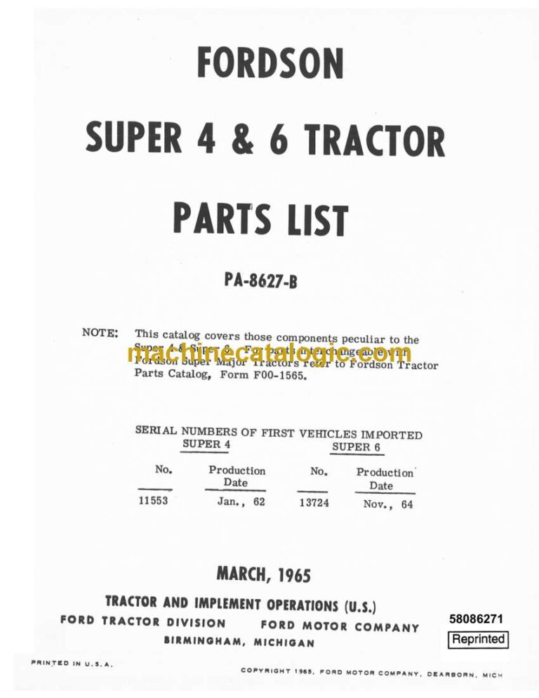 Fordson Super 4, 6 Tractor Parts List (58086271)