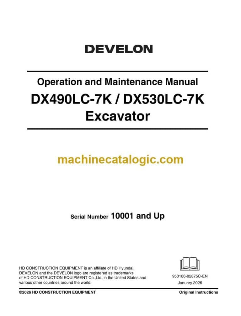 Develon DX490LC-7K, DX530LC-7K Crawler Excavator Operation and Maintenance Manual (950106-02875C-EN)