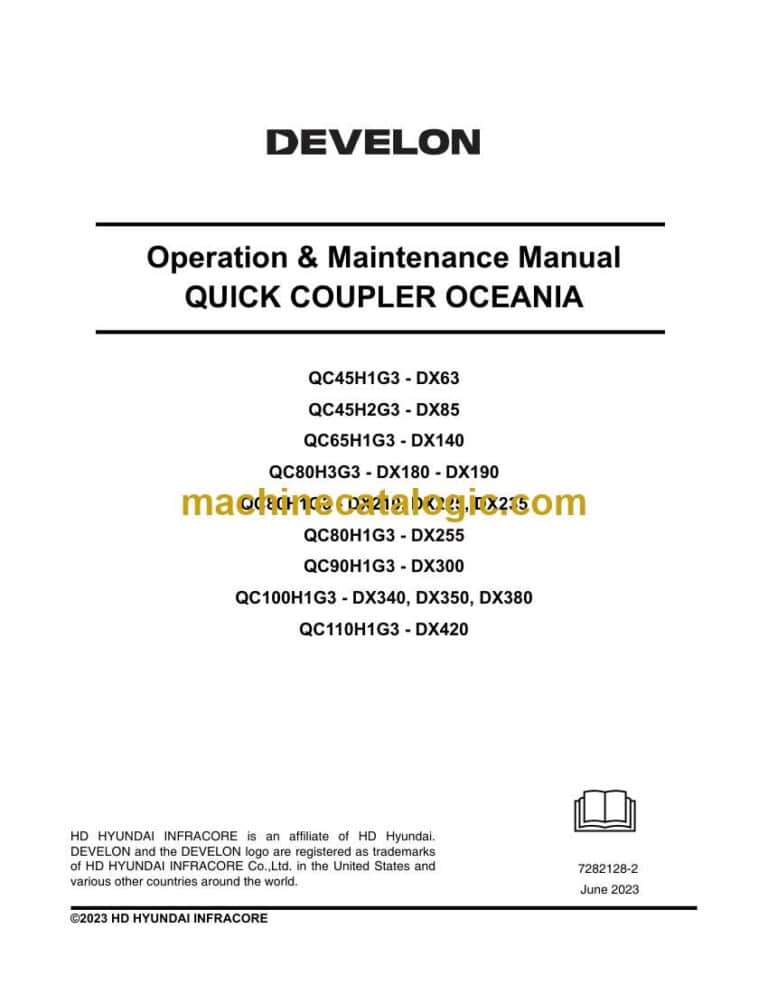 Develon Quick Coupler Oceania (DX63, DX85, DX140, DX180, DX190, DX210, DX225, DX235, DX255, DX300, DX350, DX380, DX420) Operation and Installation Manual