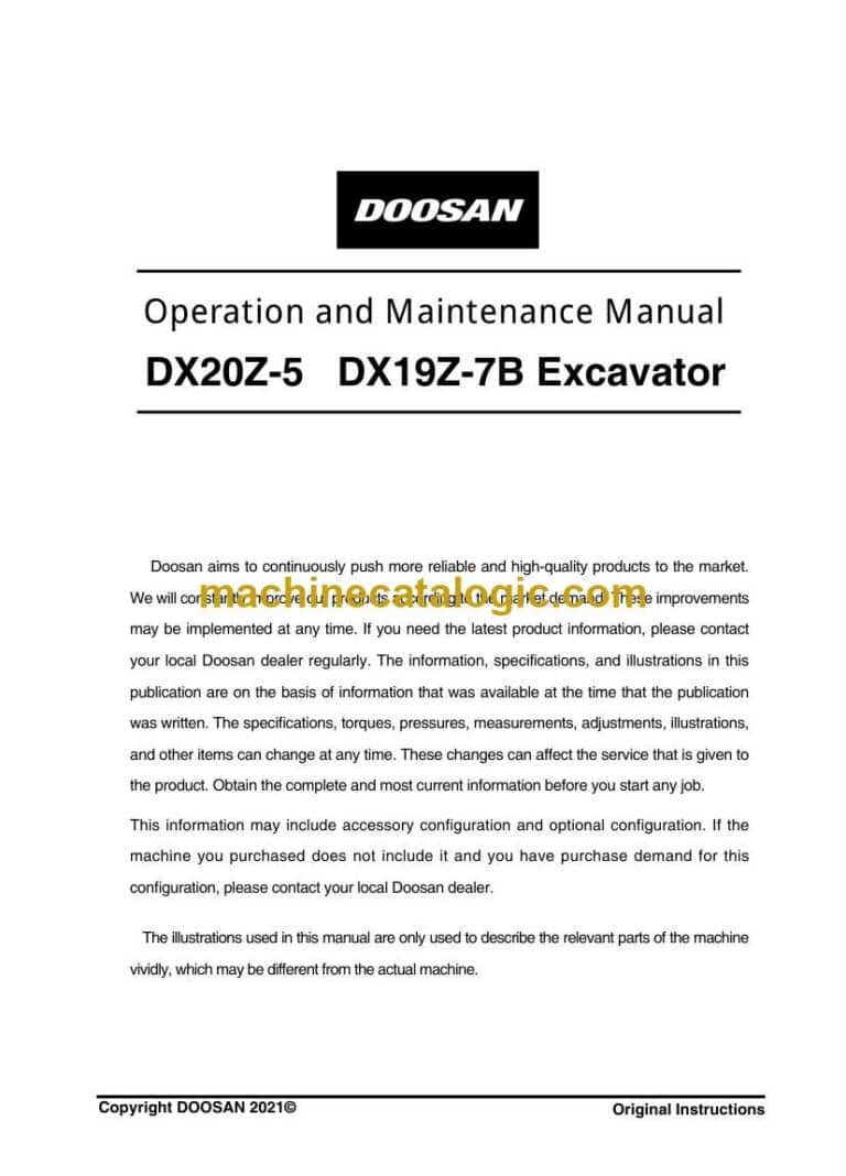Develon DX20Z-5, DX19Z-7B Mini Excavator Operation and Maintenance Manual