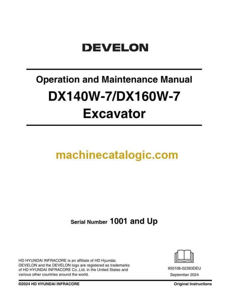 Develon DX140W-7, DX160W-7 Wheeled Excavator Operation and Maintenance Manual (950106-02393)