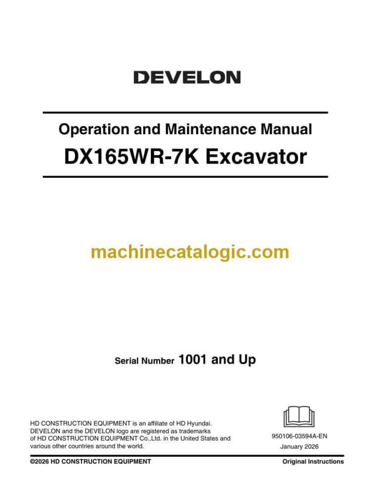 Develon DX165WR-7K Wheeled Excavator Operation and Maintenance Manual (950106-03594A-EN)