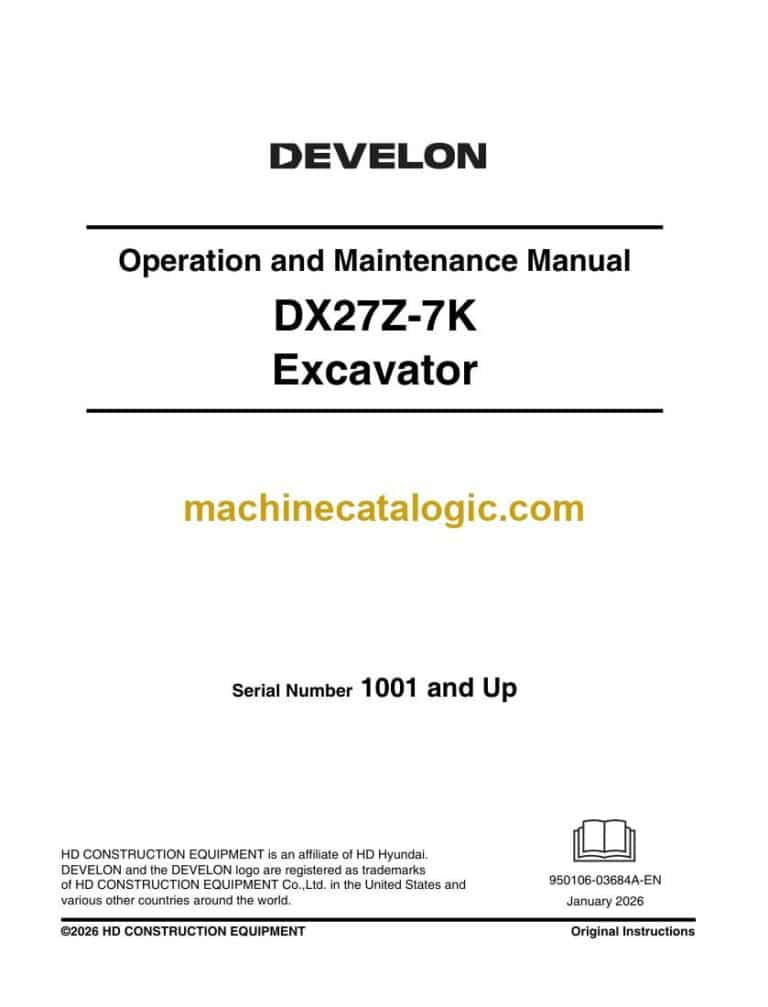 Develon DX27Z-7K Mini Excavator Operation and Maintenance Manual (950106-03684A-EN)
