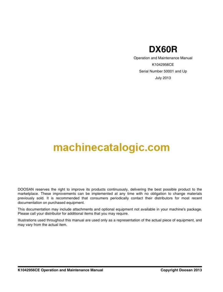 Develon DX60R Mini Excavator Operation and Maintenance Manual (K1042956CE)