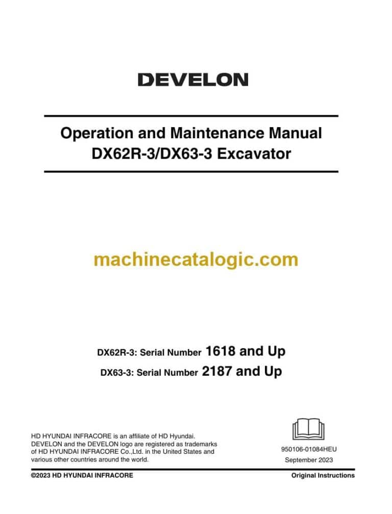 Develon DX63-3 Mini Excavator Operation and Maintenance Manual (950106-01084HEU)