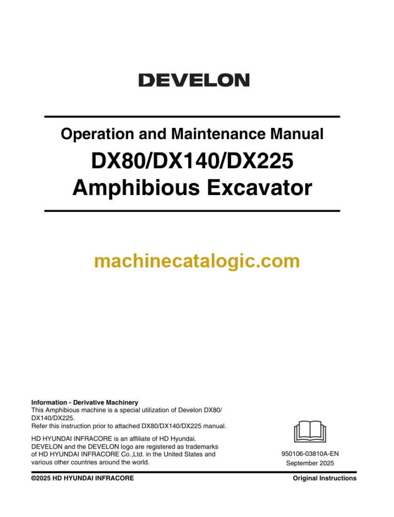 Develon DX80, DX140, DX225 Amphibious Excavator Operation and Maintenance Manual (950106-03810A-EN)