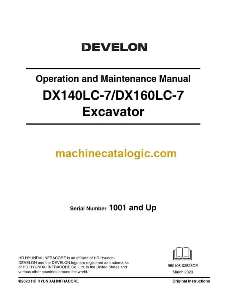 Develon DX140LC-7, DX160LC-7 Crawler Excavator Operation and Maintenance Manual (950106-02526)